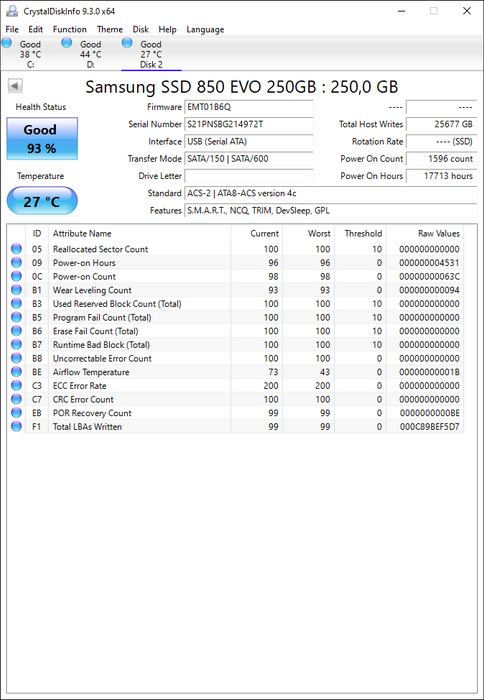 MZ7LN250 Samsung 850 EVO Series 250GB TLC SATA 6Gbps (AES-256 / TCG Opal 2.0) 2.5" SSD