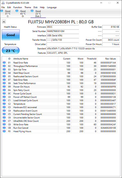 MHV2080BH Fujitsu Mobile 80GB 5400RPM SATA 1.5Gbps 8MB Cache 2.5" HDD