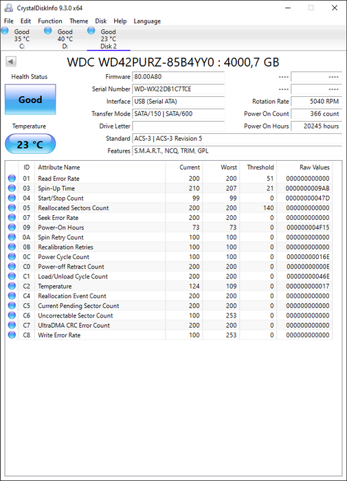 WD42PURZ-85B4YY0 Western Digital Purple 4TB 5400RPM SATA 6Gbps 256MB Cache (512e) 3.5" HDD