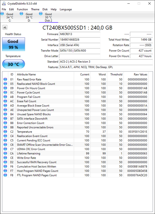 CT240BX500SSD1 Crucial BX500 Series 240GB TLC SATA 6Gbps 2.5" SSD