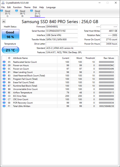 MZ7PD256HAFV-0BW00 Samsung 840 PRO Series 256GB MLC SATA 6Gbps (AES-256 FDE) 2.5" SSD