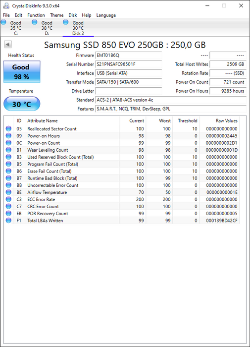 MZ7LN250 Samsung 850 EVO Series 250GB TLC SATA 6Gbps (AES-256 / TCG Opal 2.0) 2.5" SSD