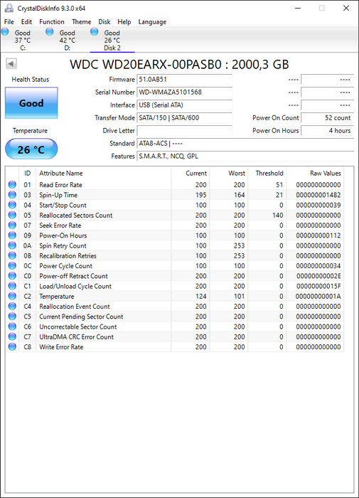 WD20EARX-00PASB0 Western Digital Caviar Green 2TB 5400RPM SATA 6Gbps 64MB Cache 3.5" HDD