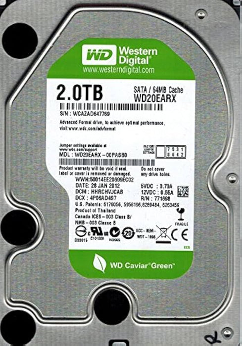 WD20EARX-00PASB0 Western Digital Caviar Green 2TB 5400RPM SATA 6Gbps 64MB Cache 3.5" HDD